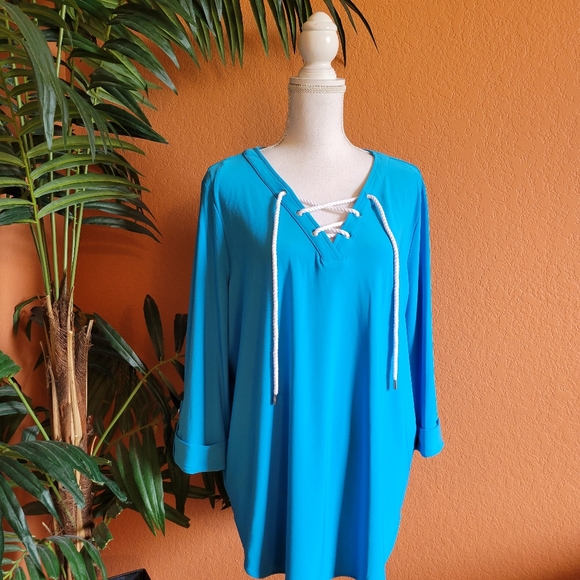 Investments Tops - NWT Slimfactor By Investments Set Sail Malibu Blue Lace Up Top Shirt Large